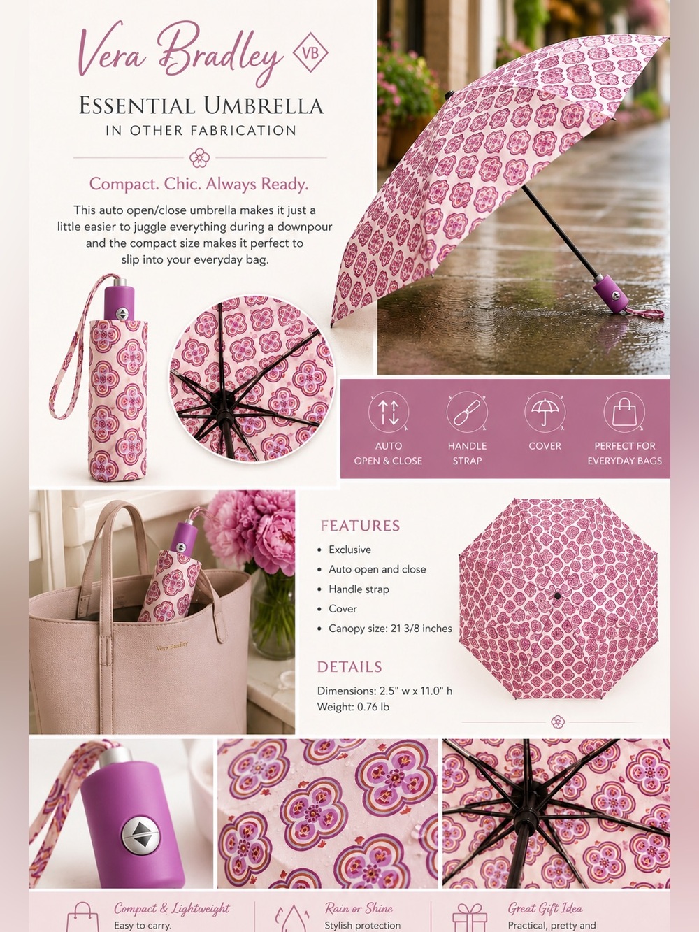 Vera Bradley Pink Floral Tile Compact Umbrella